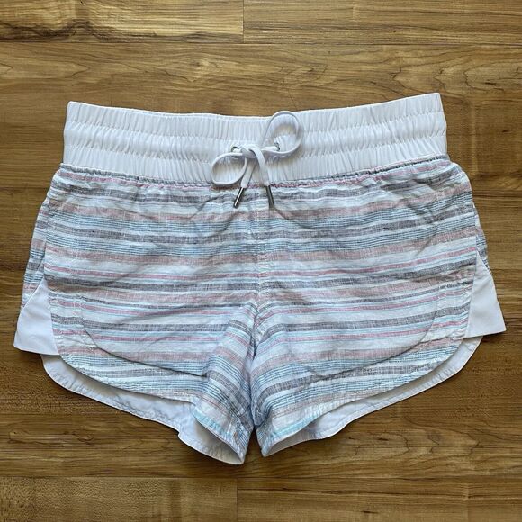 ATHLETA 4 White Multi Stripe Cabo Beachside Linen Pull On Shorts Vacation Resort - Picture 10 of 14